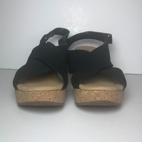 CLARKS Annadel Eirwyn Wedge Sandals Women's Size 11 Black Slingback Leather - Picture 2 of 14